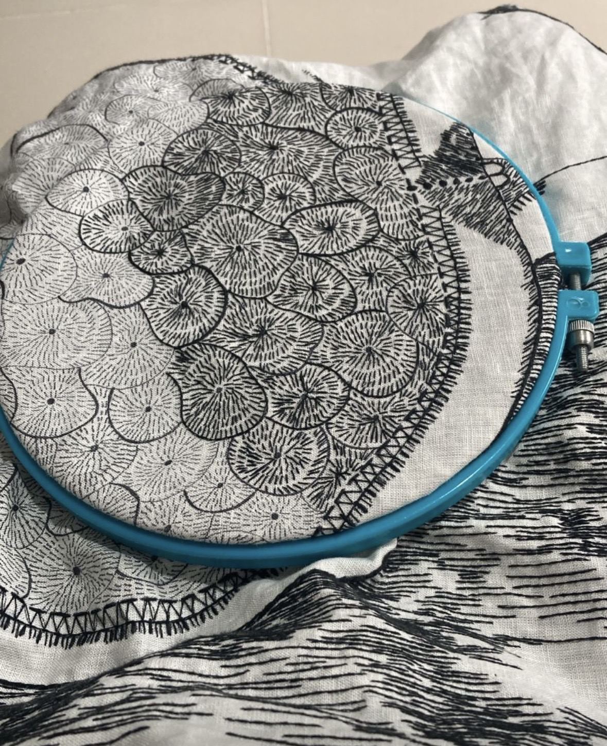 Close detail of a dense field of radial disc stitches in a hoop