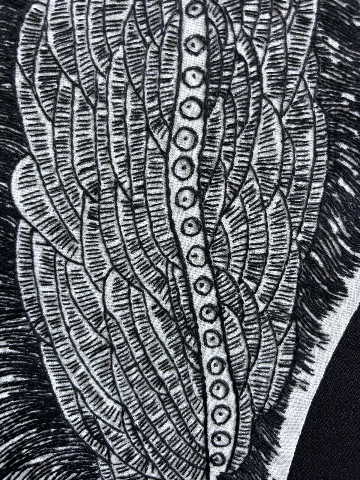 Close detail of vertical ribbed stitching with a dotted spine