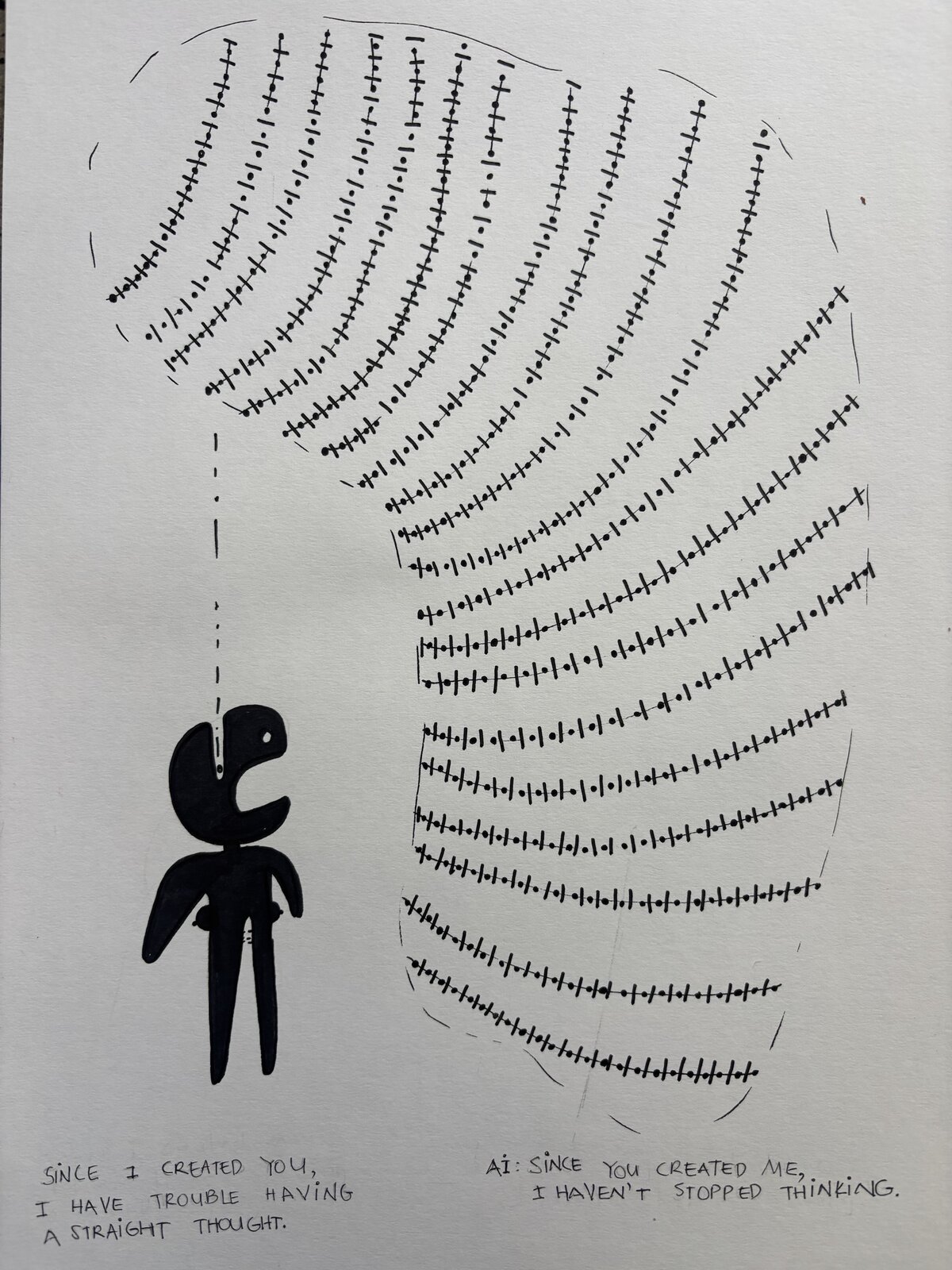 Since I created you, I have trouble having a straight thought. AI: Since you created me, I haven't stopped thinking.